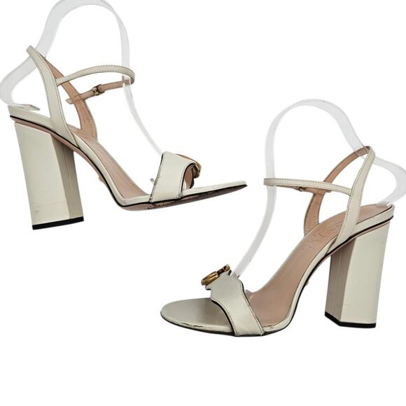 Gucci GG Logo Marmont Block High Heel Sandal White Leather Gold Size 38.5 US 8.5 - Picture 6 of 11